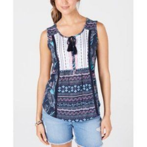 Mixed-Print Tie-Front Top, Brushed Buds Blue
